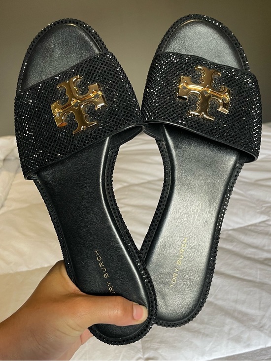 Tory Burch Shoes - Tory Burch Black Crystal Slide Sandals with Gold Logo